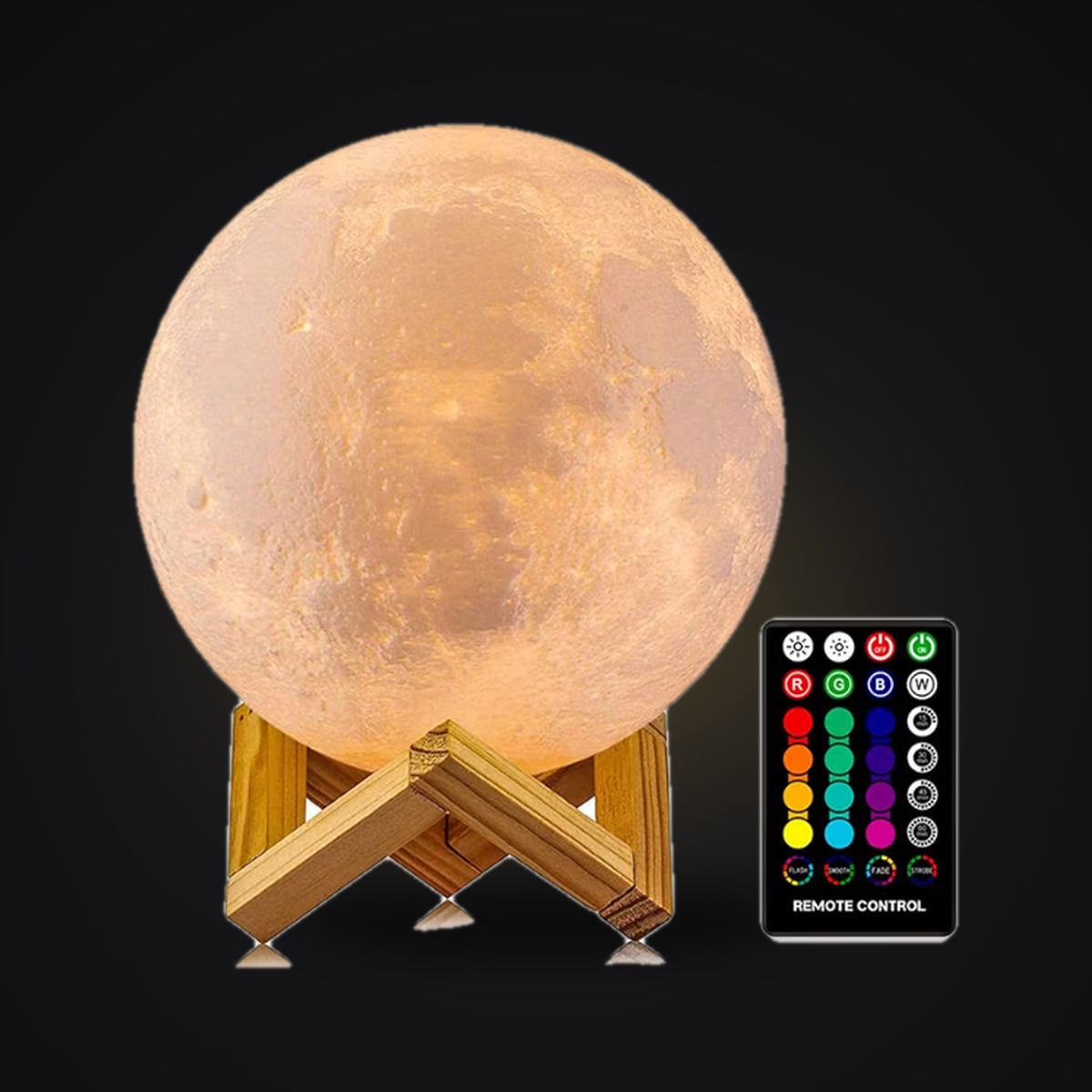 3D Printed Moon Lamp with Wood Stand & Remote