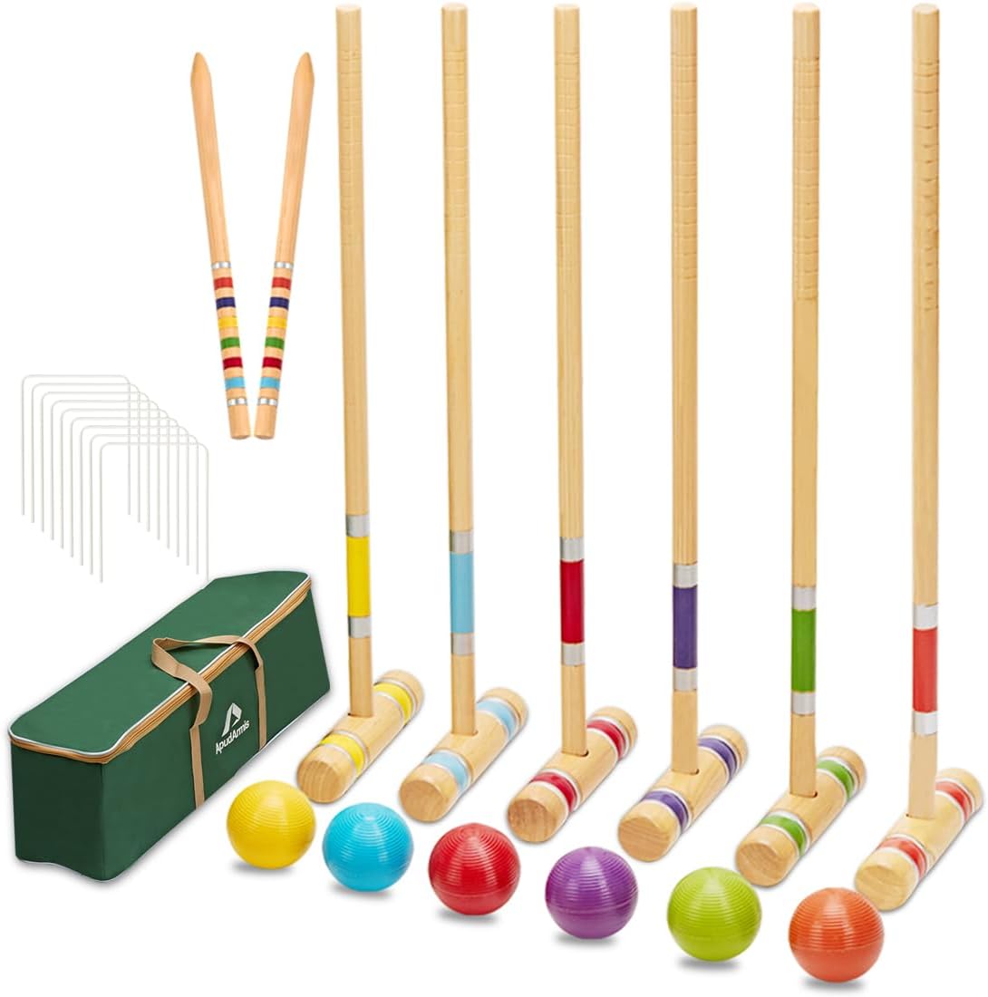 ApudArmis Six Player Croquet Set, 28-Inch Mallets