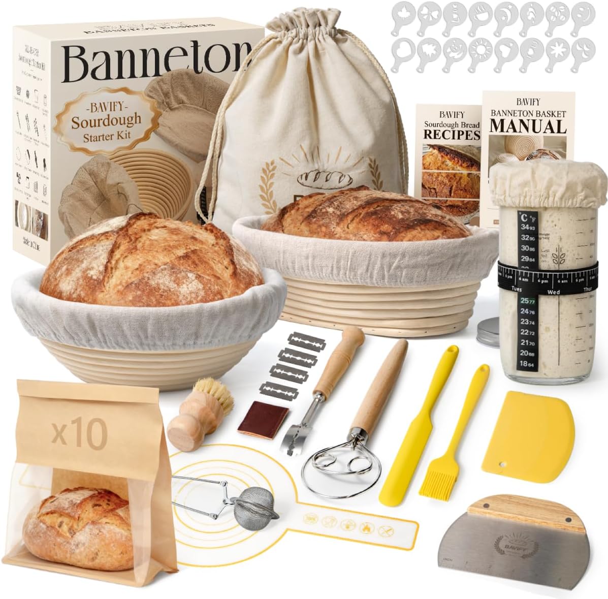 BAVIFY Sourdough Starter Kit with Banneton Baskets