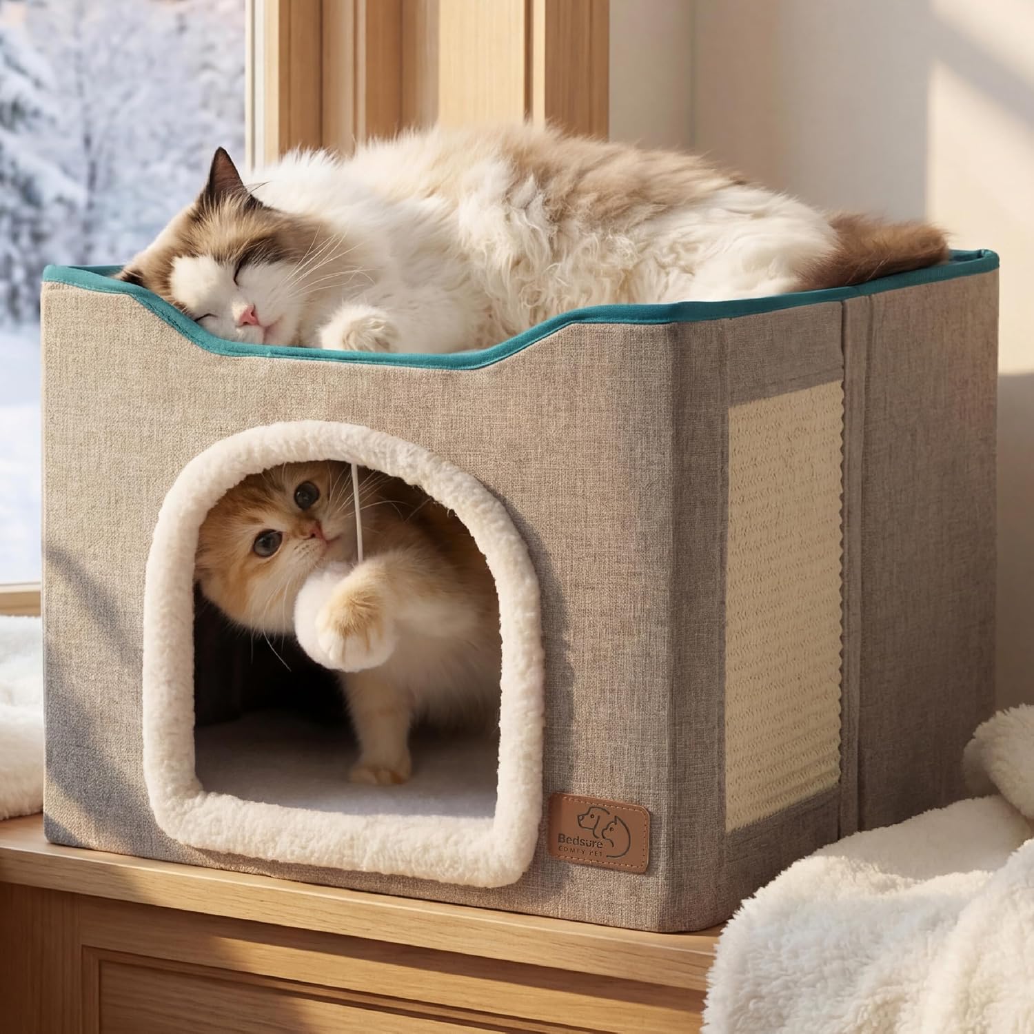 Bedsure Cat House Bed with Scratch Pad, Grey