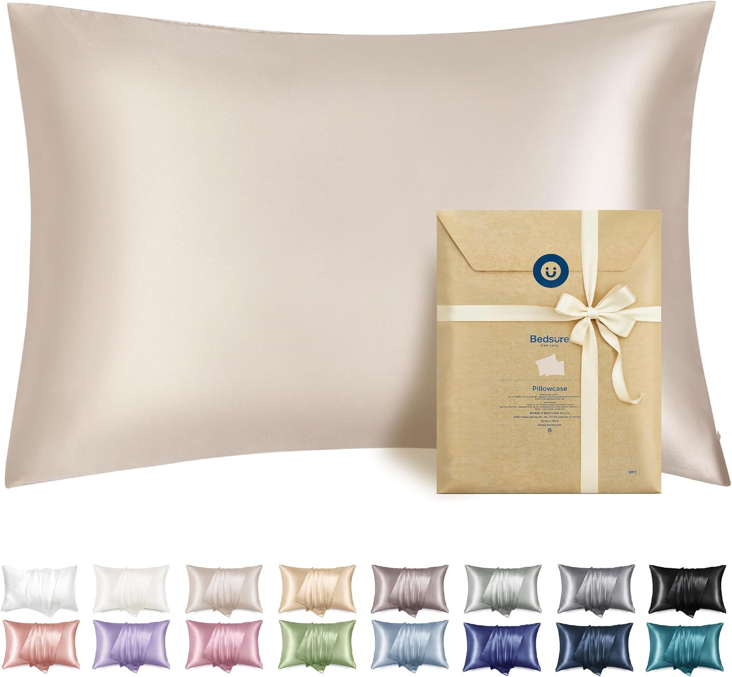 Bedsure Satin Pillowcases with Zipper, 2-Pack, Standard, Beige