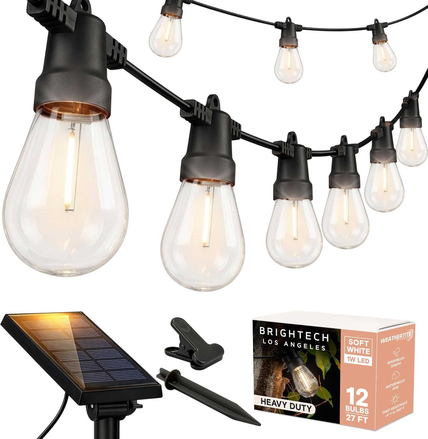 Brightech Ambience Pro Solar Outdoor String Lights, 27 ft