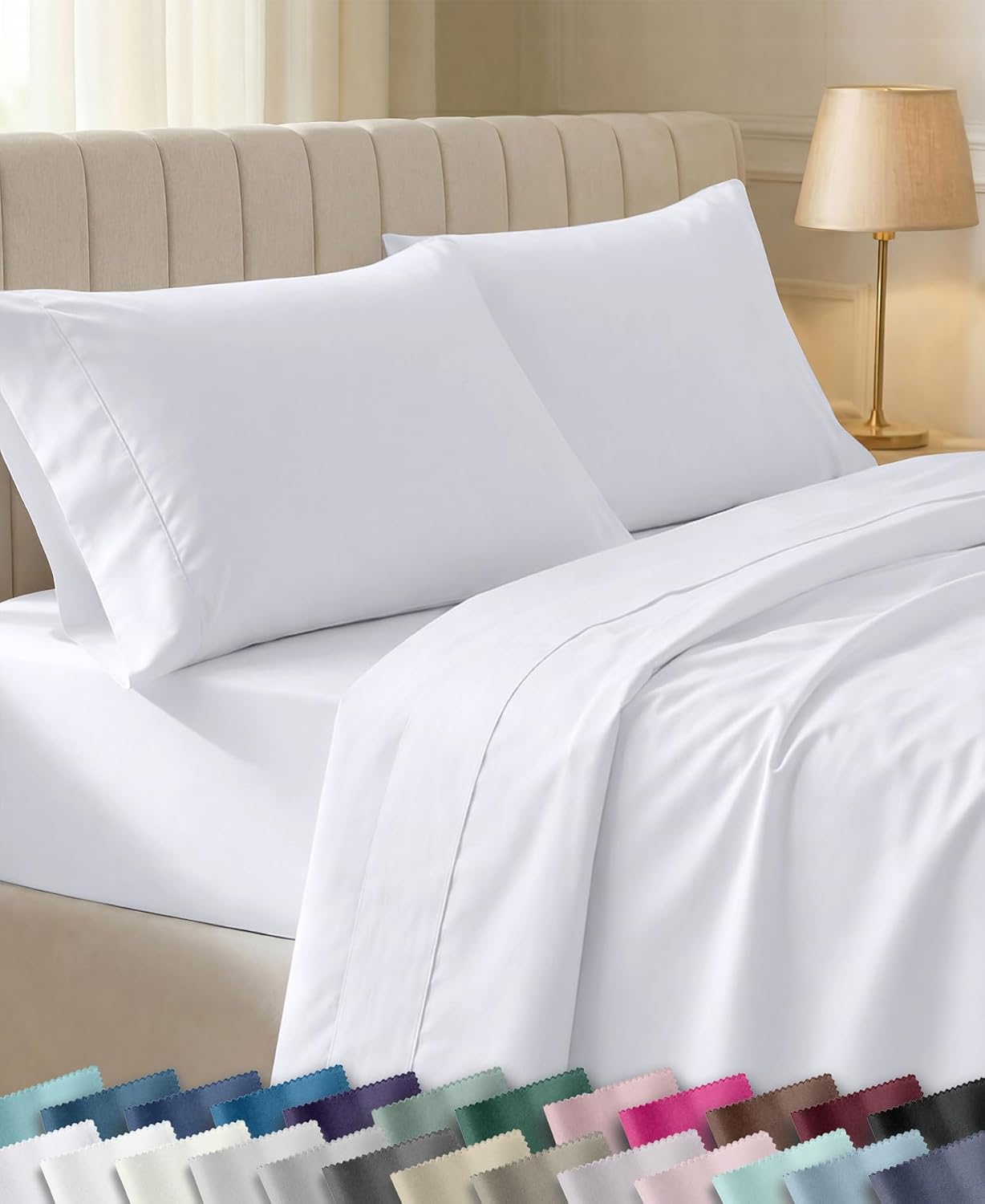 California Design Den 400 TC Cotton Sateen Sheet Set, Queen, White