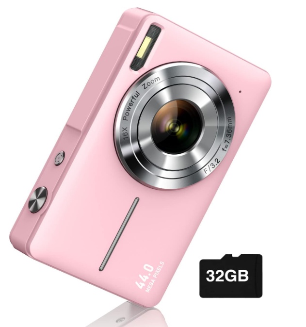 Camkory Digital Camera FHD 1080P, 16X Zoom, 32GB Card — Pink
