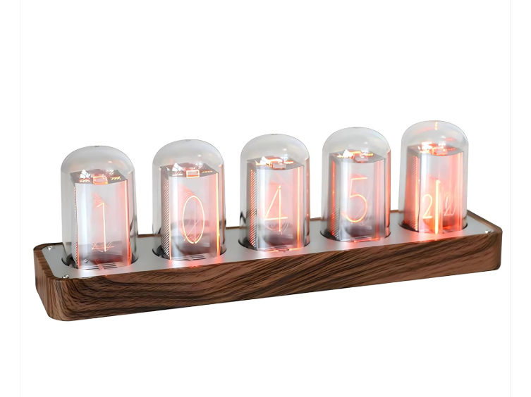 ClocTeck Nixie-Style Tube Clock, 5-Tube Wood Grain, RGB with Wi-Fi Sync