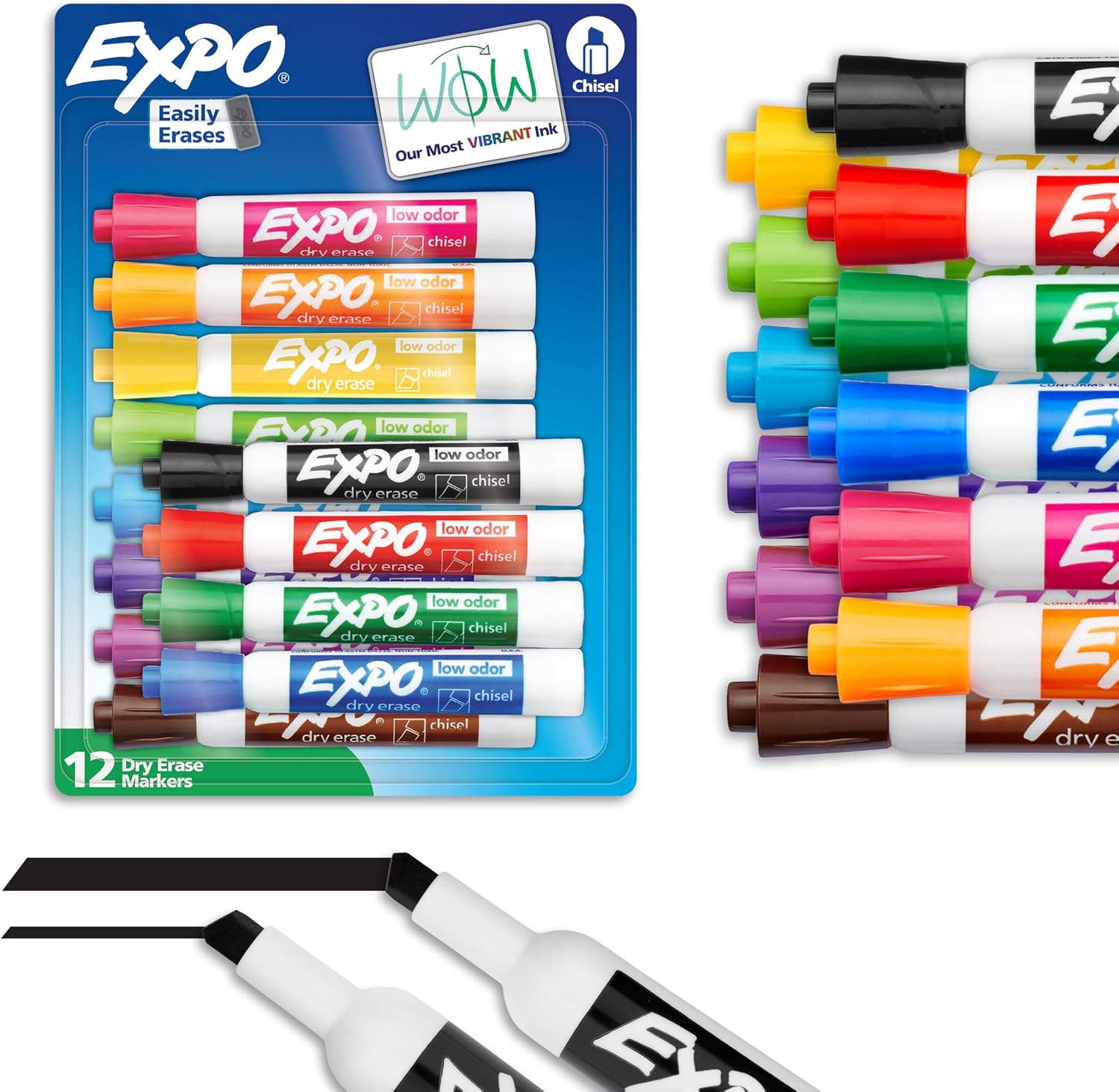 EXPO Low-Odor Chisel Tip Dry Erase Markers, 12 Colors