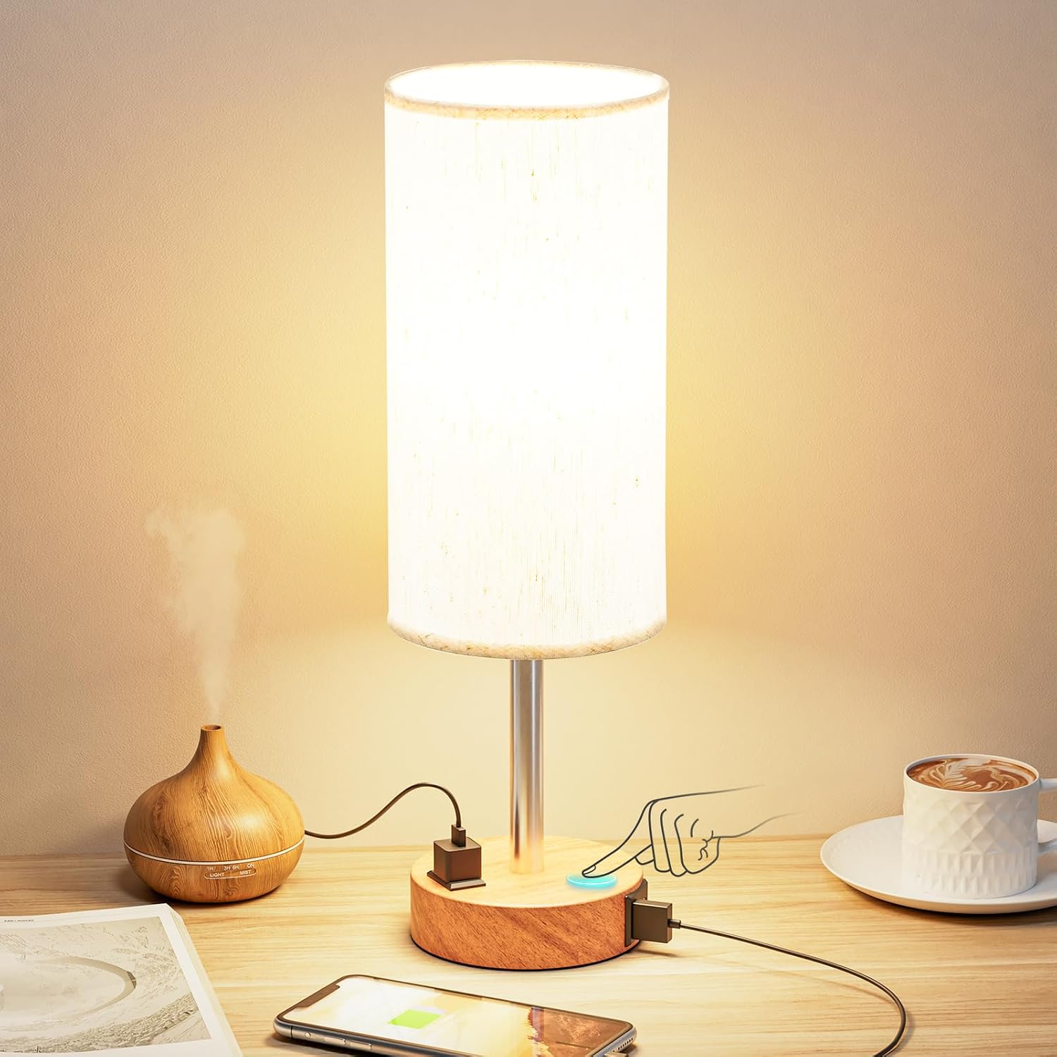 Fenmzee Touch Bedside Lamp with USB-A, USB-C and Outlet
