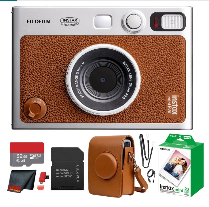 Fujifilm Instax Mini EVO Hybrid Instant Camera, Brown Bundle