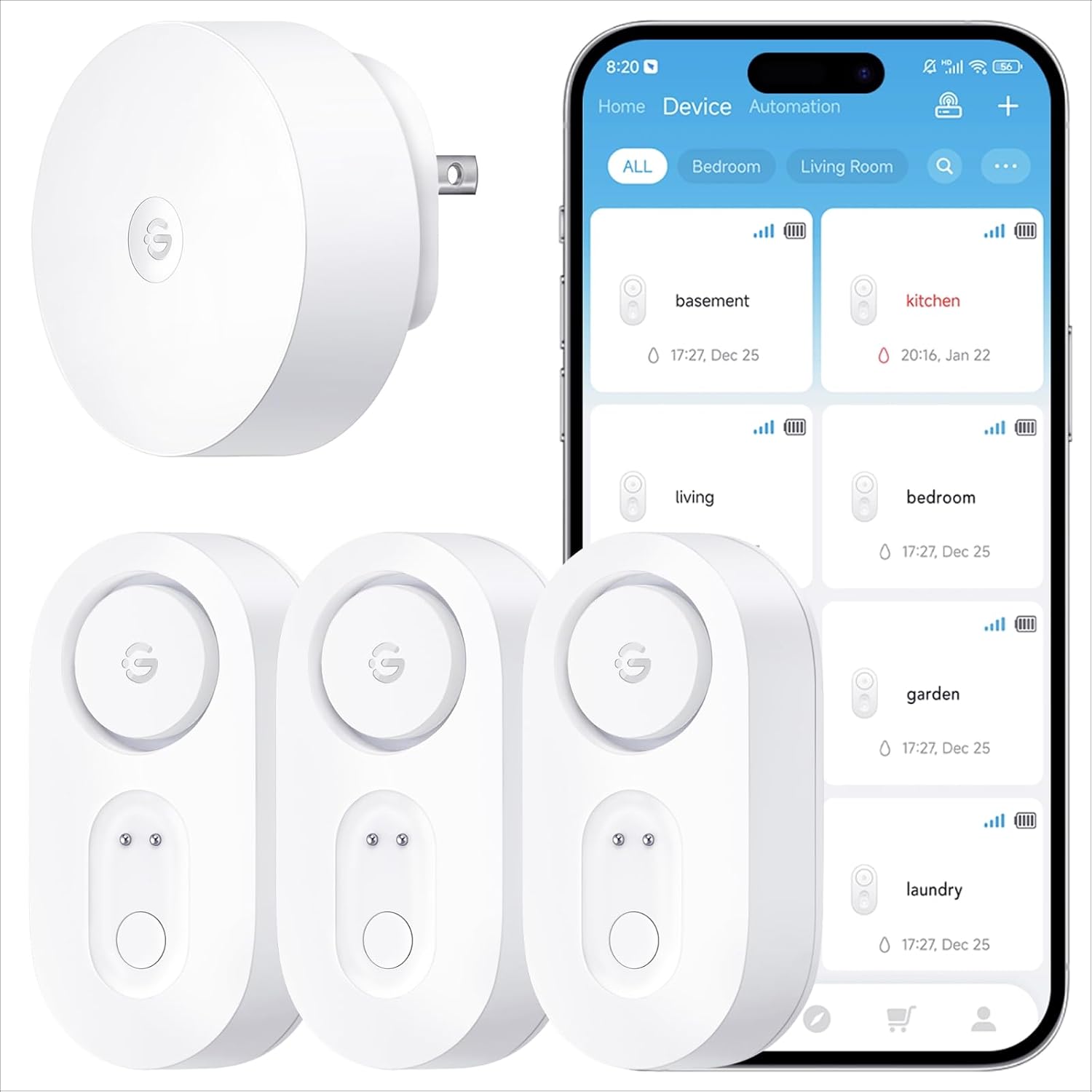GoveeLife Smart Water Leak Detector 1s, 3-Pack