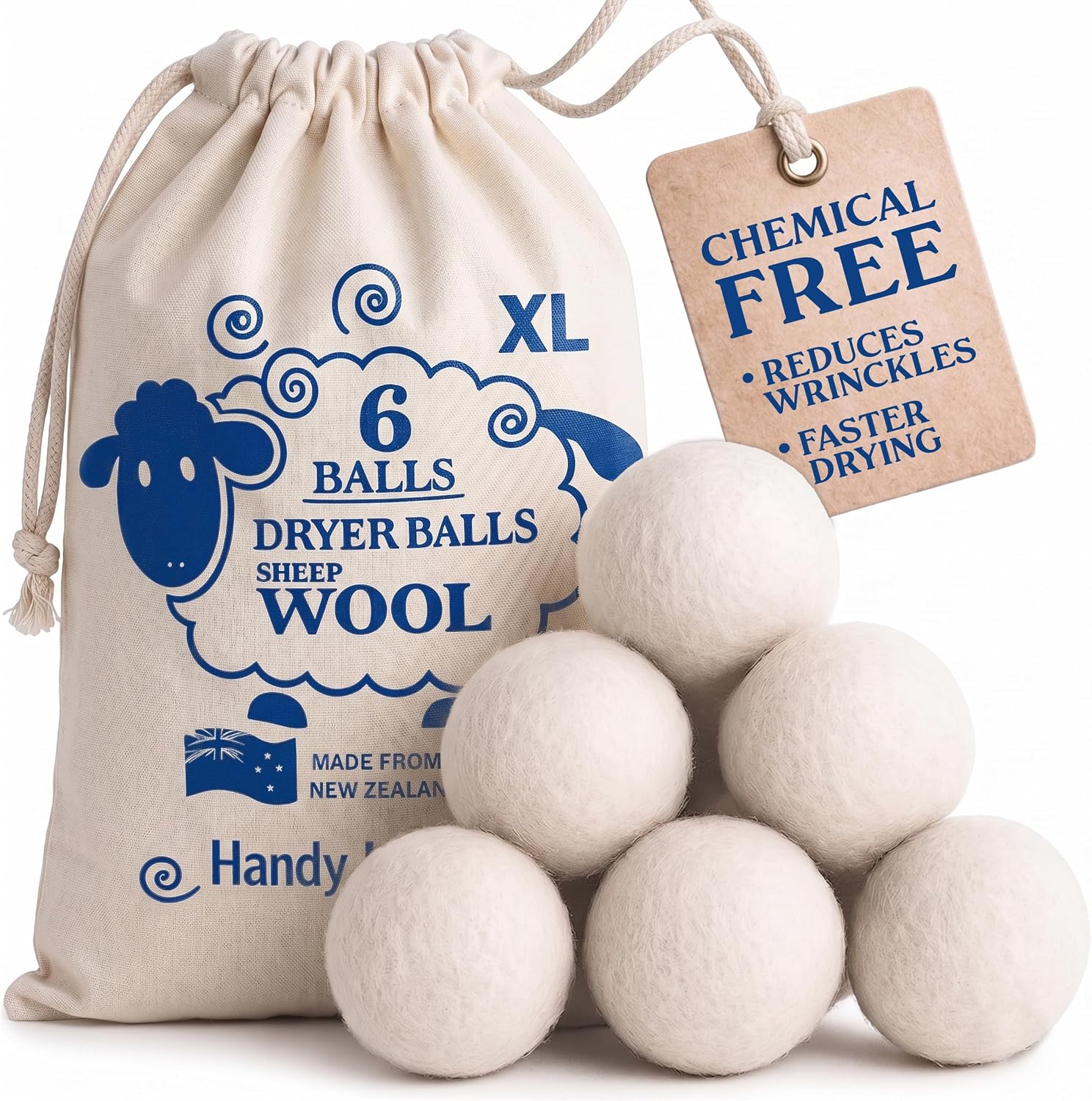 Handy Laundry Wool Dryer Balls, 6-Pack