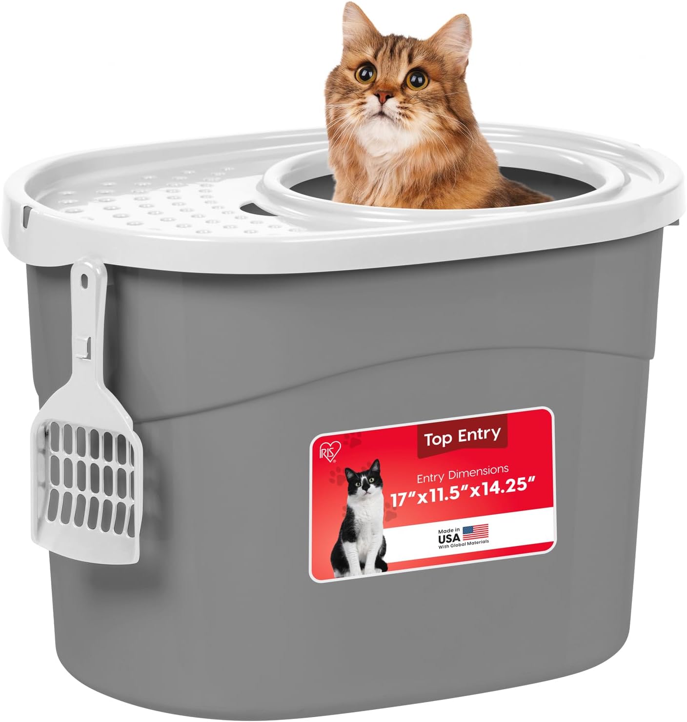 IRIS USA Top Entry Cat Litter Box, Large, Gray/White