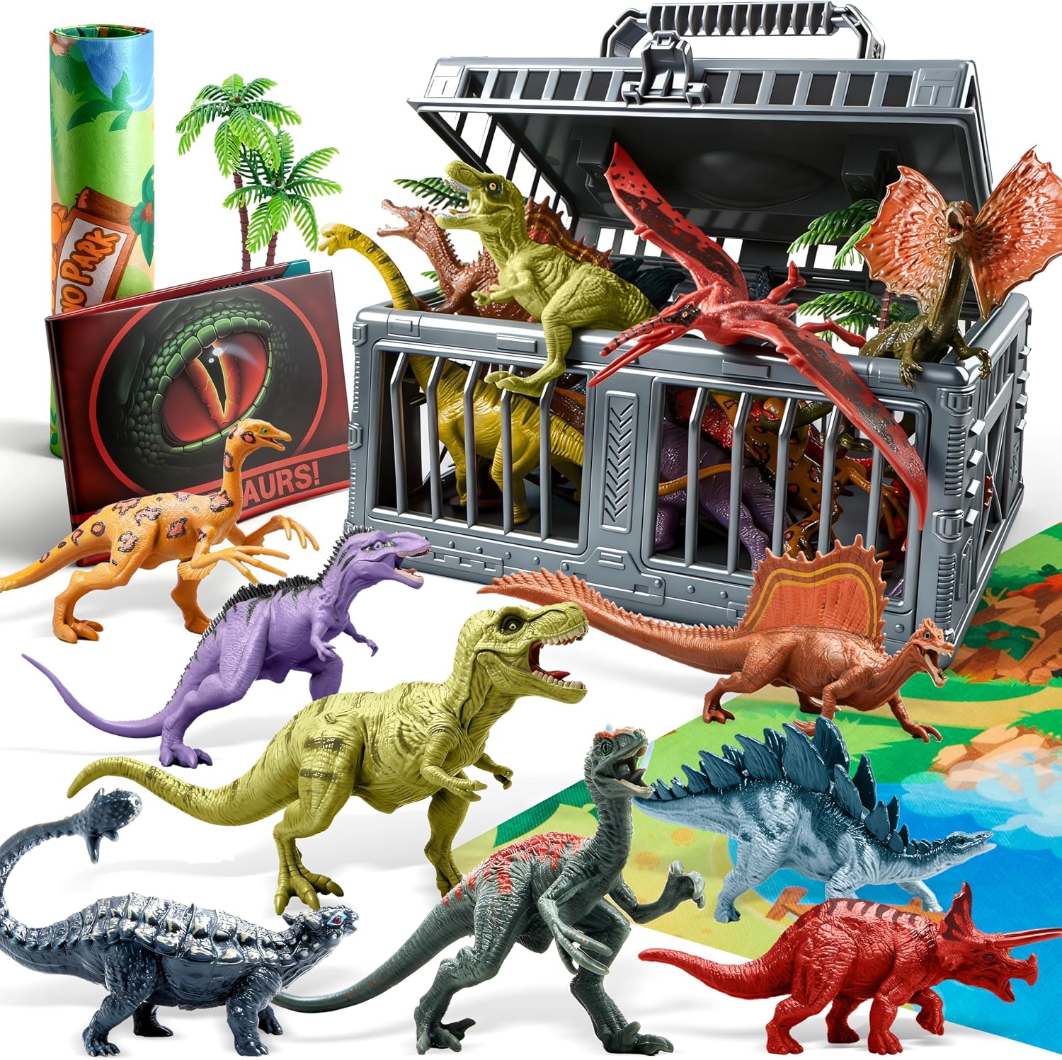 JOYIN 17-Piece Dinosaur Toy Set with Play Mat and Storage Cage