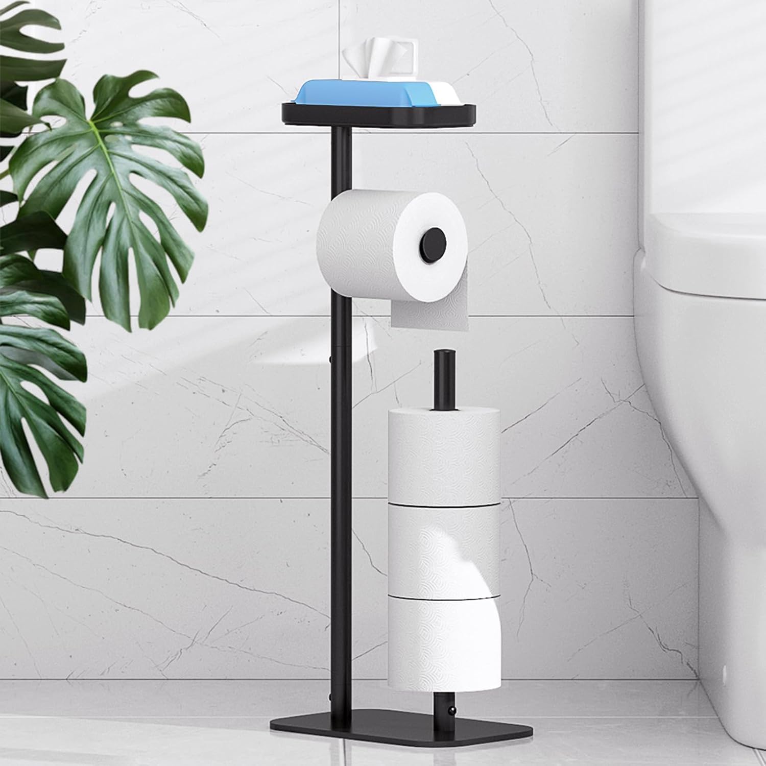 Kitsure Freestanding Toilet Paper Holder with Shelf, Black
