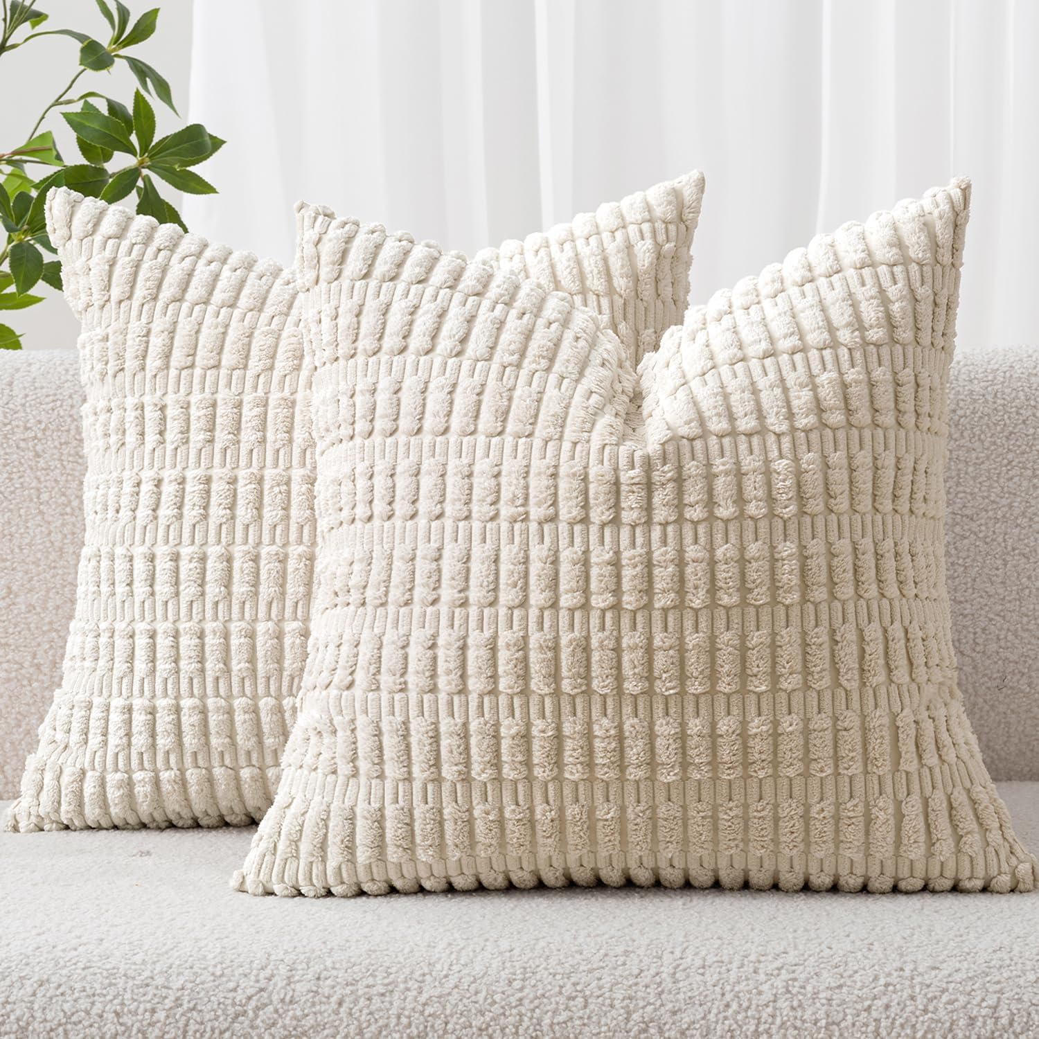 MIULEE Corduroy Throw Pillow Covers, 18 x 18, Cream White, 2-Pack