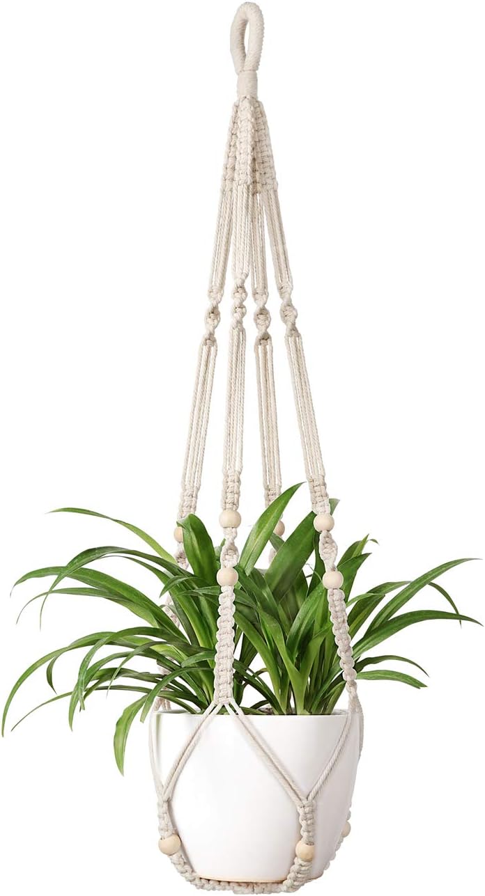 Mkono Handmade Macrame Plant Hanger, 35 Inch, Ivory