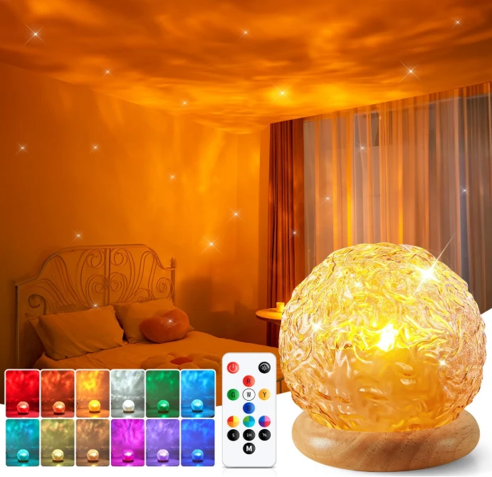 Mubarek Crystal Glass Light Projector, 3-in-1 Sunset, Ocean Wave & Northern Lights Lamp