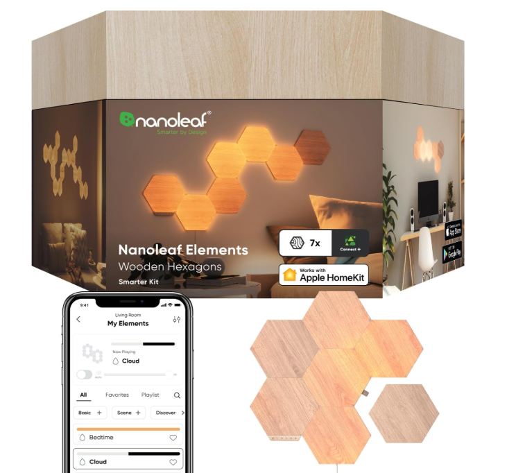 Nanoleaf Elements Wood Look Hexagons Smarter Kit, 7 Panels