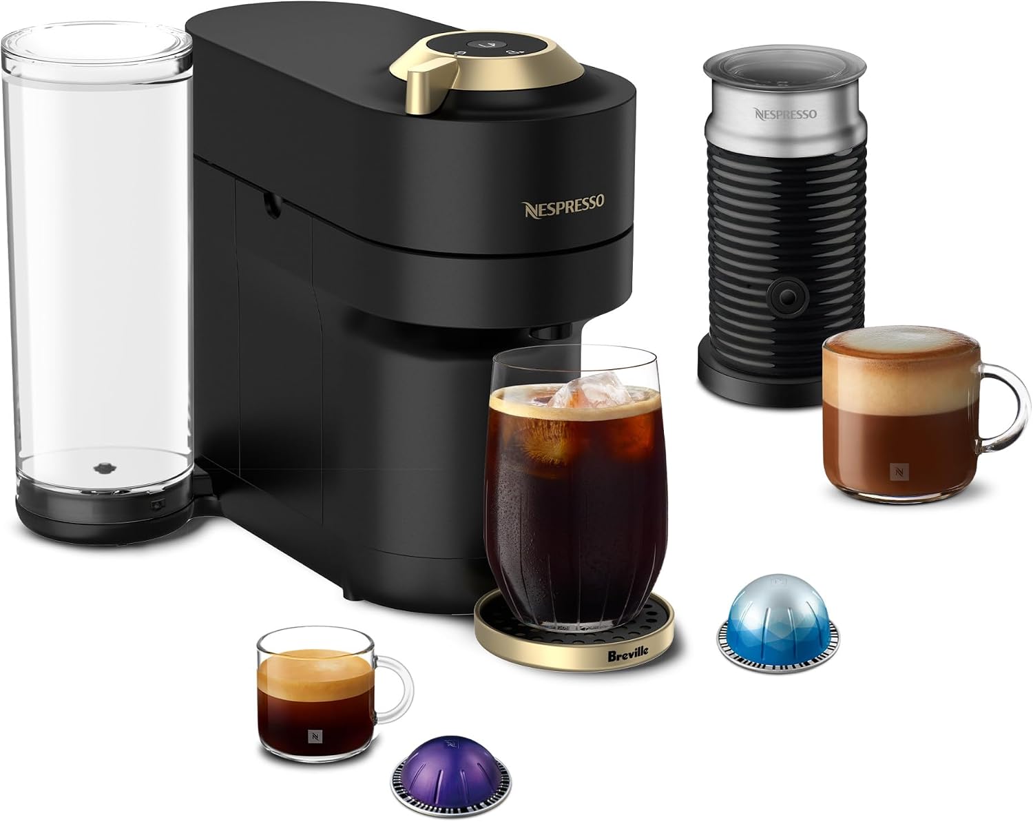 Nespresso Vertuo Pop+ Deluxe with Aeroccino Frother, Matte Black Gold