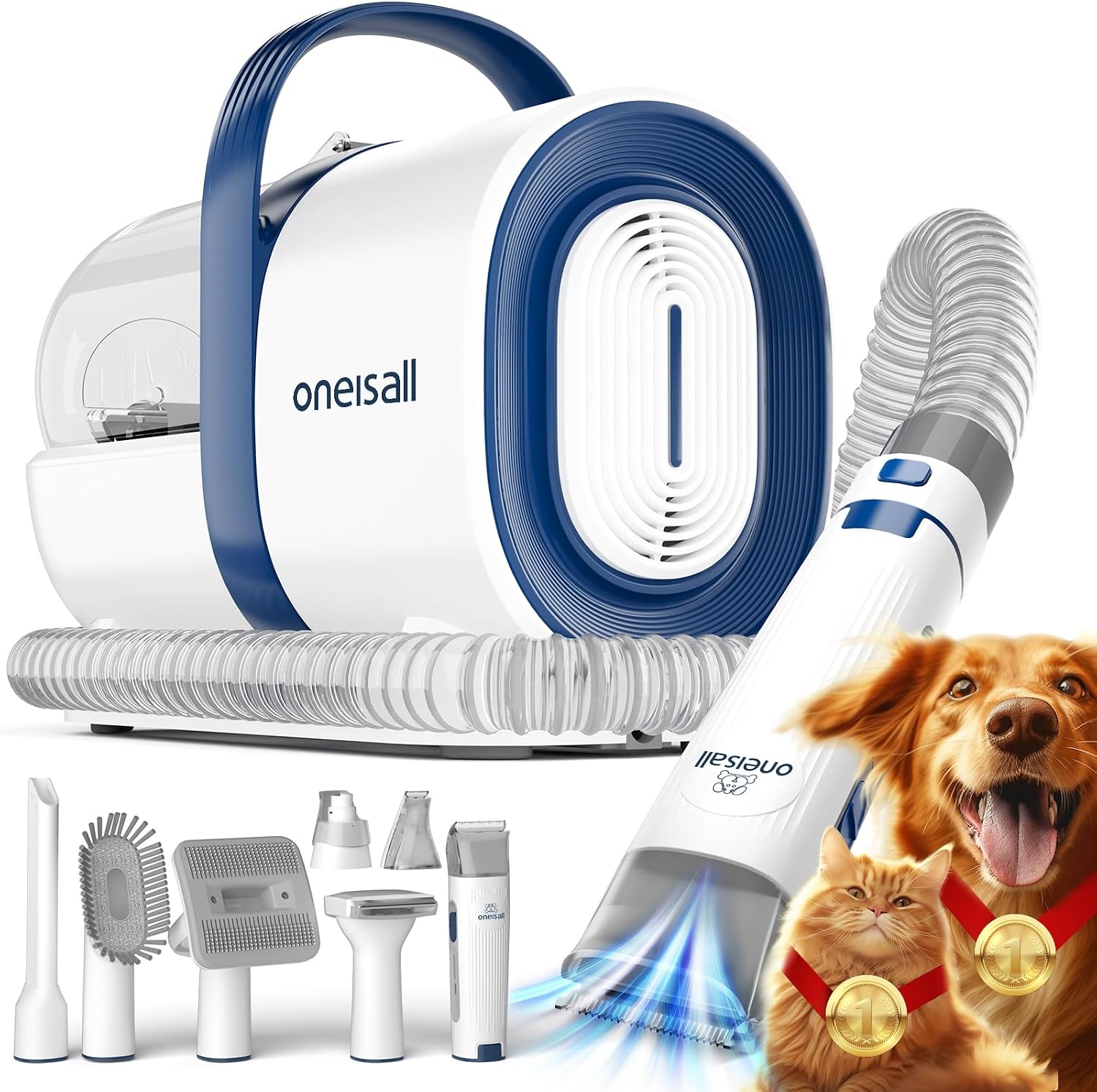 oneisall 7-in-1 Dog Grooming Vacuum Kit, Blue