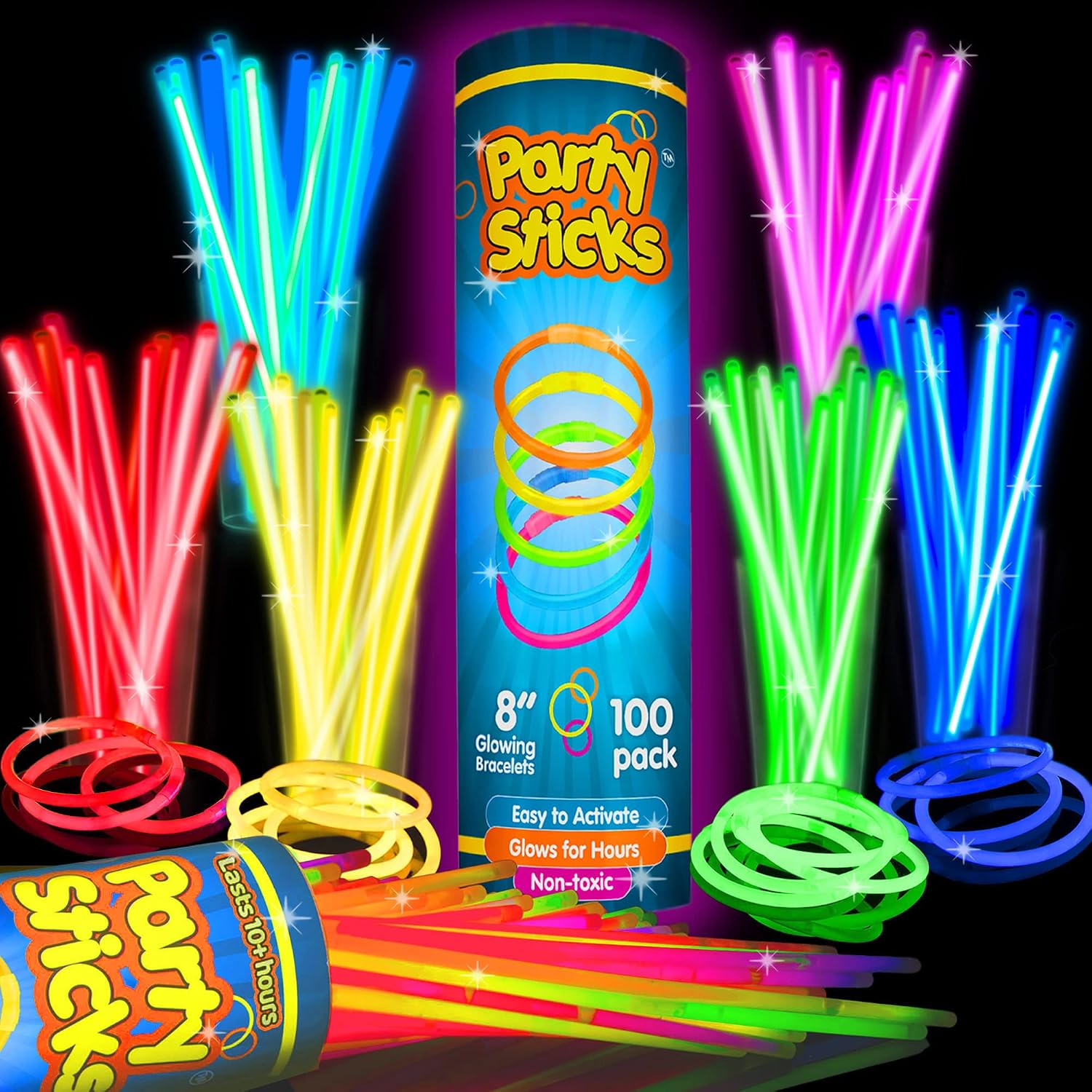 PartySticks 8-Inch Glow Sticks with Connectors, 100-Pack