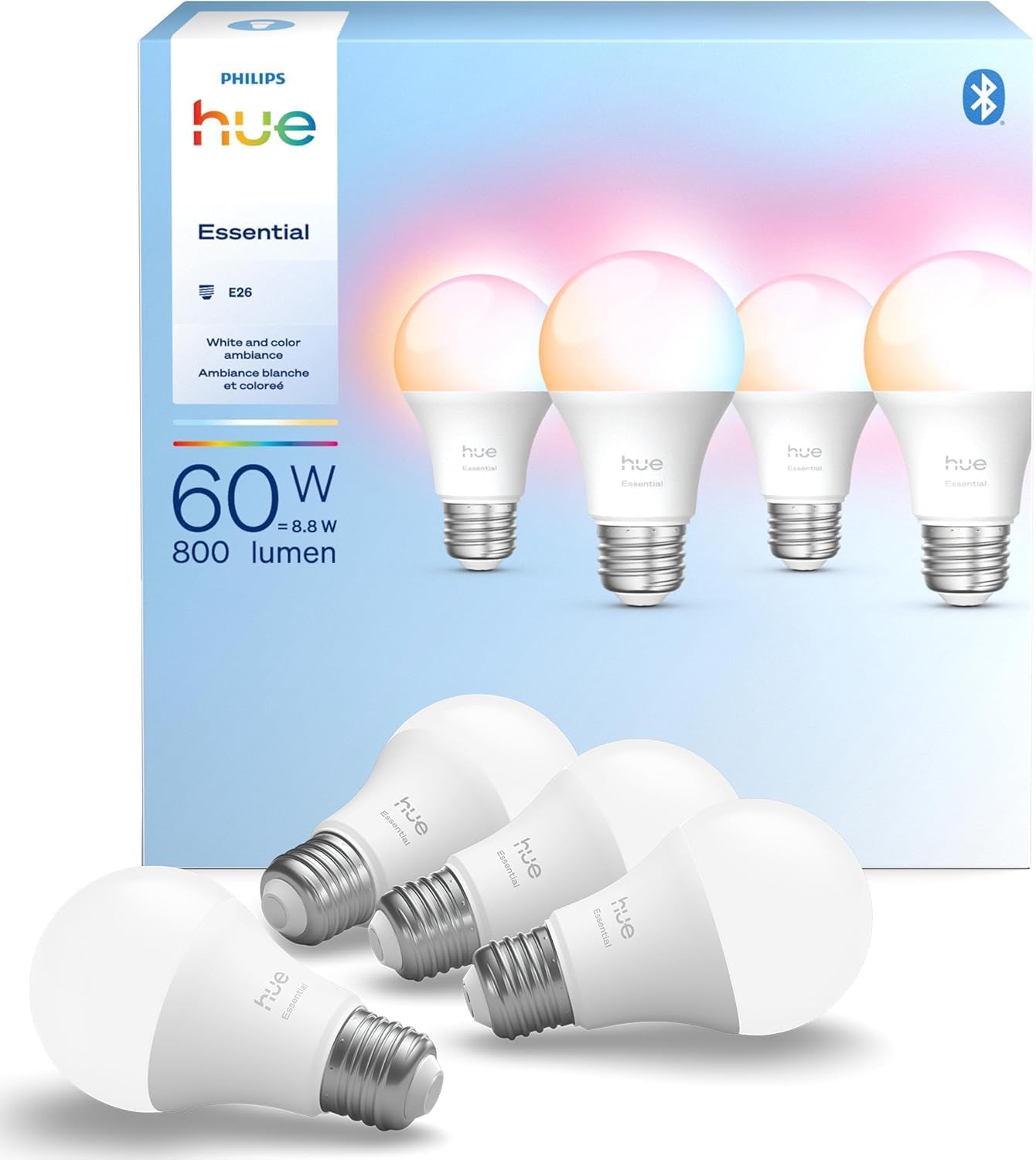 Philips Hue Essential Smart LED A19 Bulb, 4-Pack, White & Color