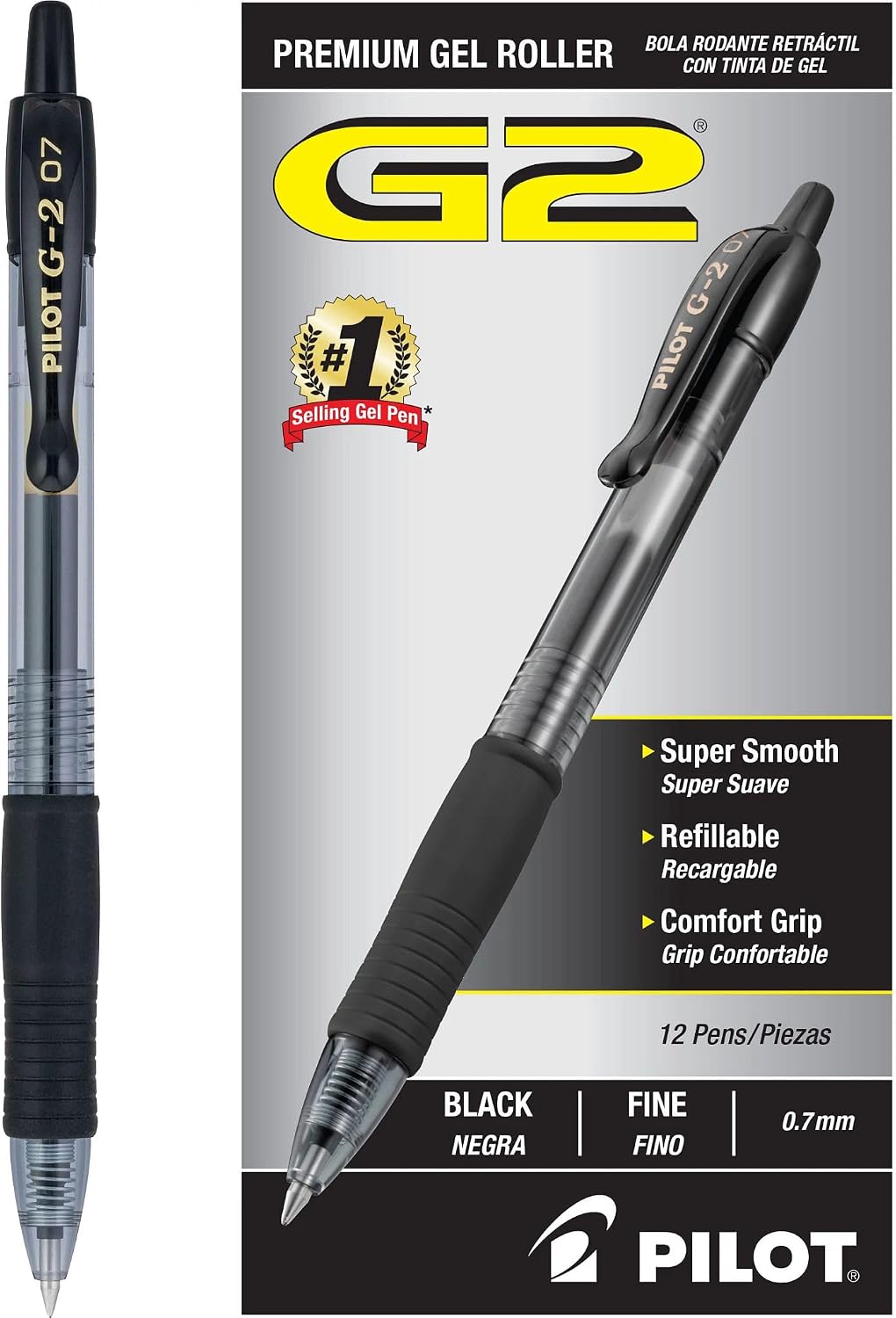 Pilot G2 Gel Pens, Fine 0.7 mm, Black, 12-Pack