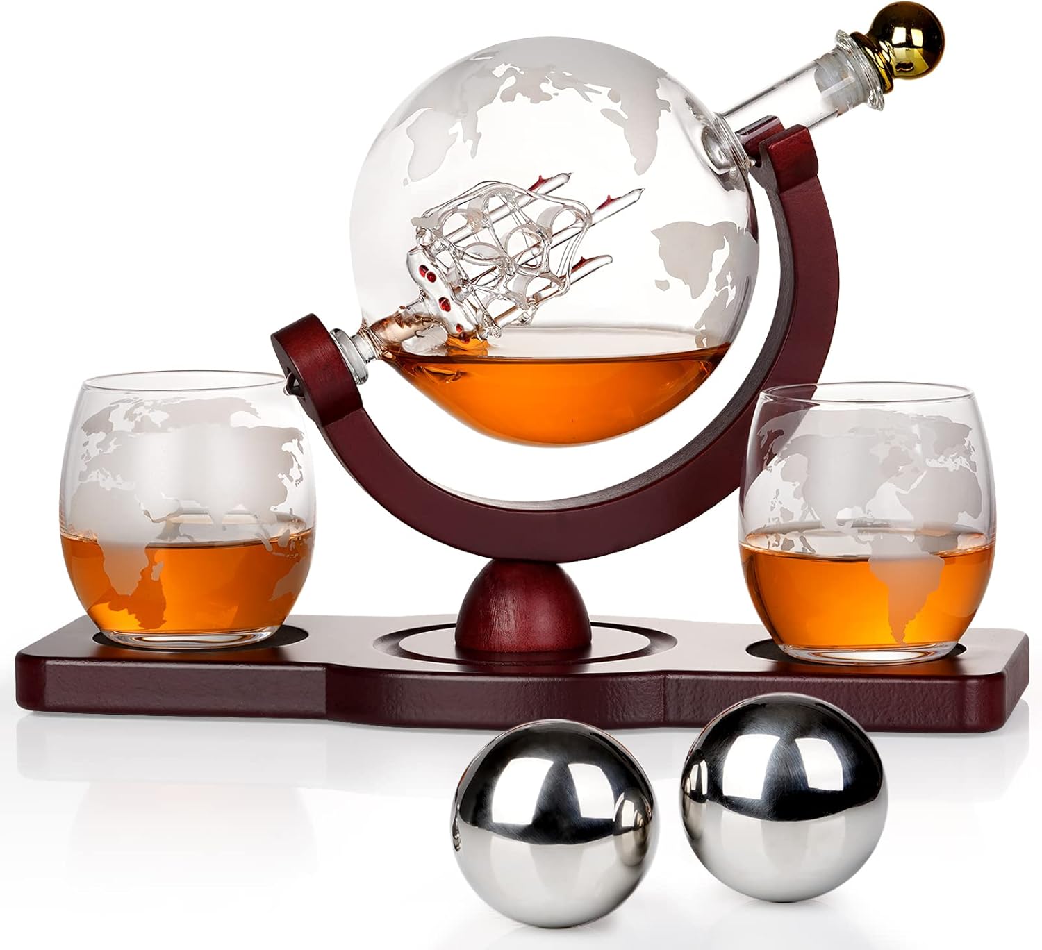 PONPUR Globe Whiskey Decanter Set with Glasses & Chilling Balls