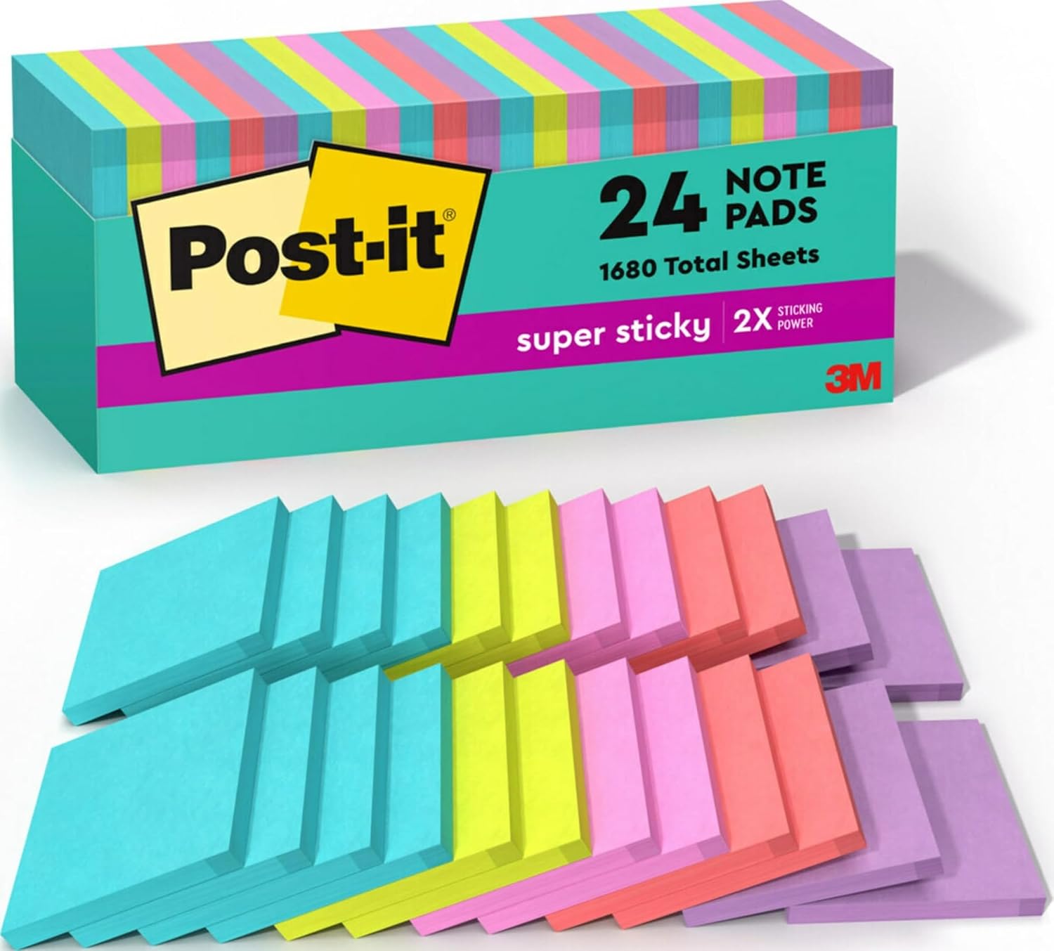 Post-it Super Sticky Notes, 3 x 3 in, 24 Pads, Supernova Neons