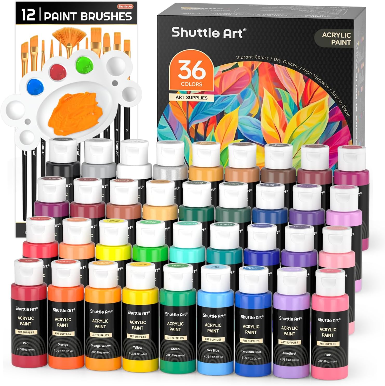 Shuttle Art 36-Color Acrylic Paint Set with Brushes and Palette