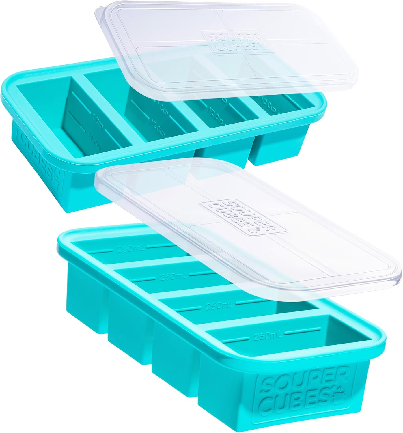 Souper Cubes 1-Cup Silicone Freezer Molds with Lids, 2-Pack, Aqua