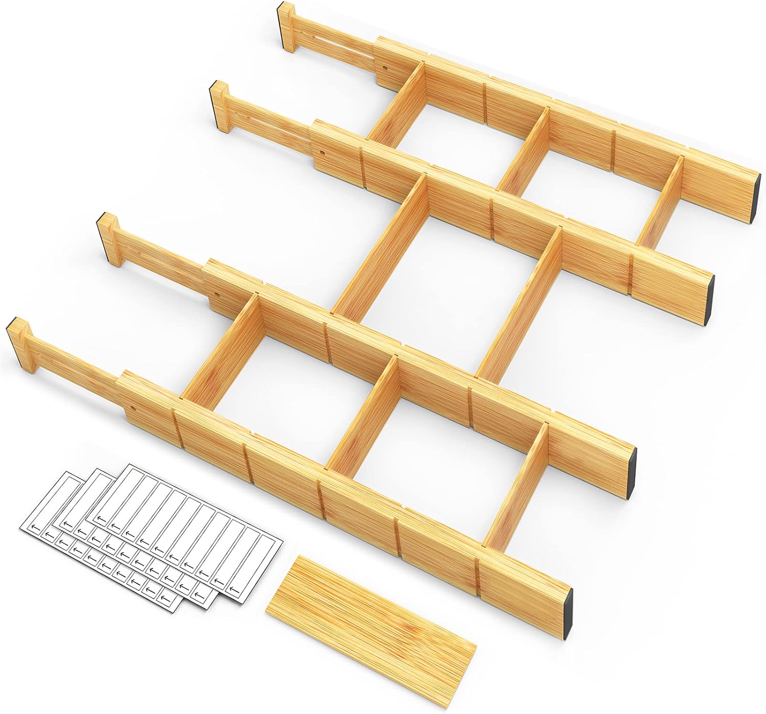 SpaceAid Bamboo Drawer Dividers with Inserts, 4-Pack, 17-22 in