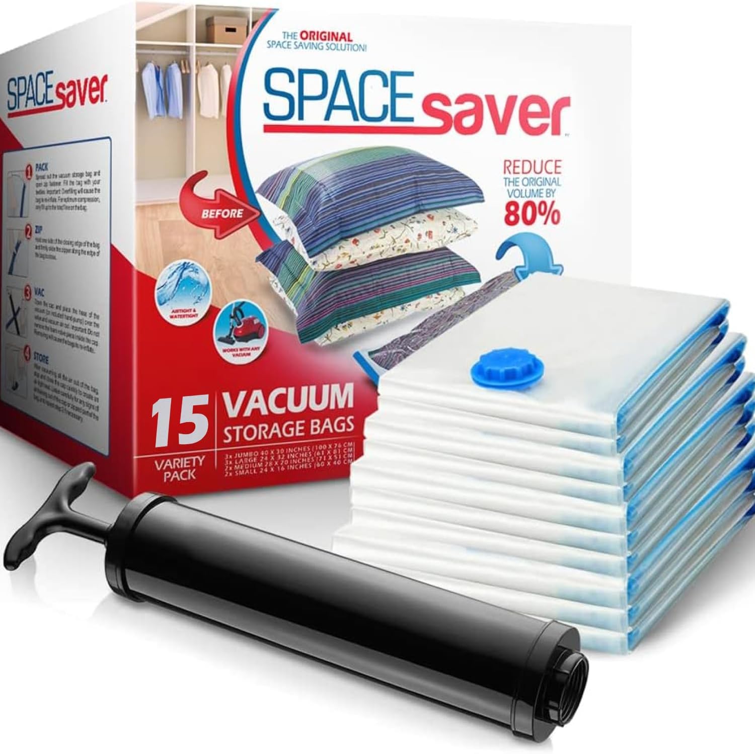 Spacesaver Vacuum Storage Bags with Hand Pump, 15-Pack