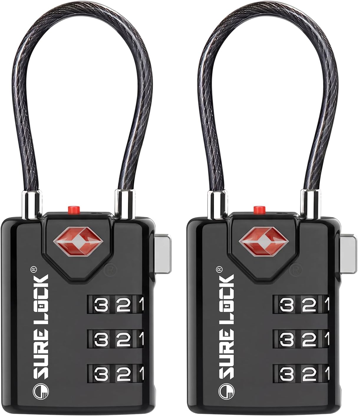 SURE LOCK TSA-Approved Cable Luggage Locks, 2-Pack, Black