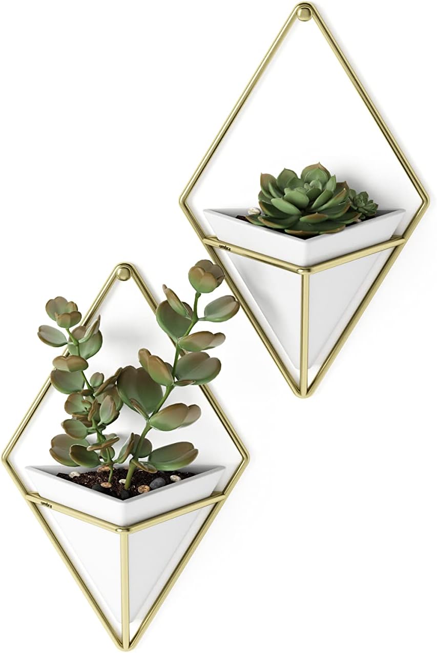 Umbra Trigg Hanging Wall Planters, Set of 2, White/Brass