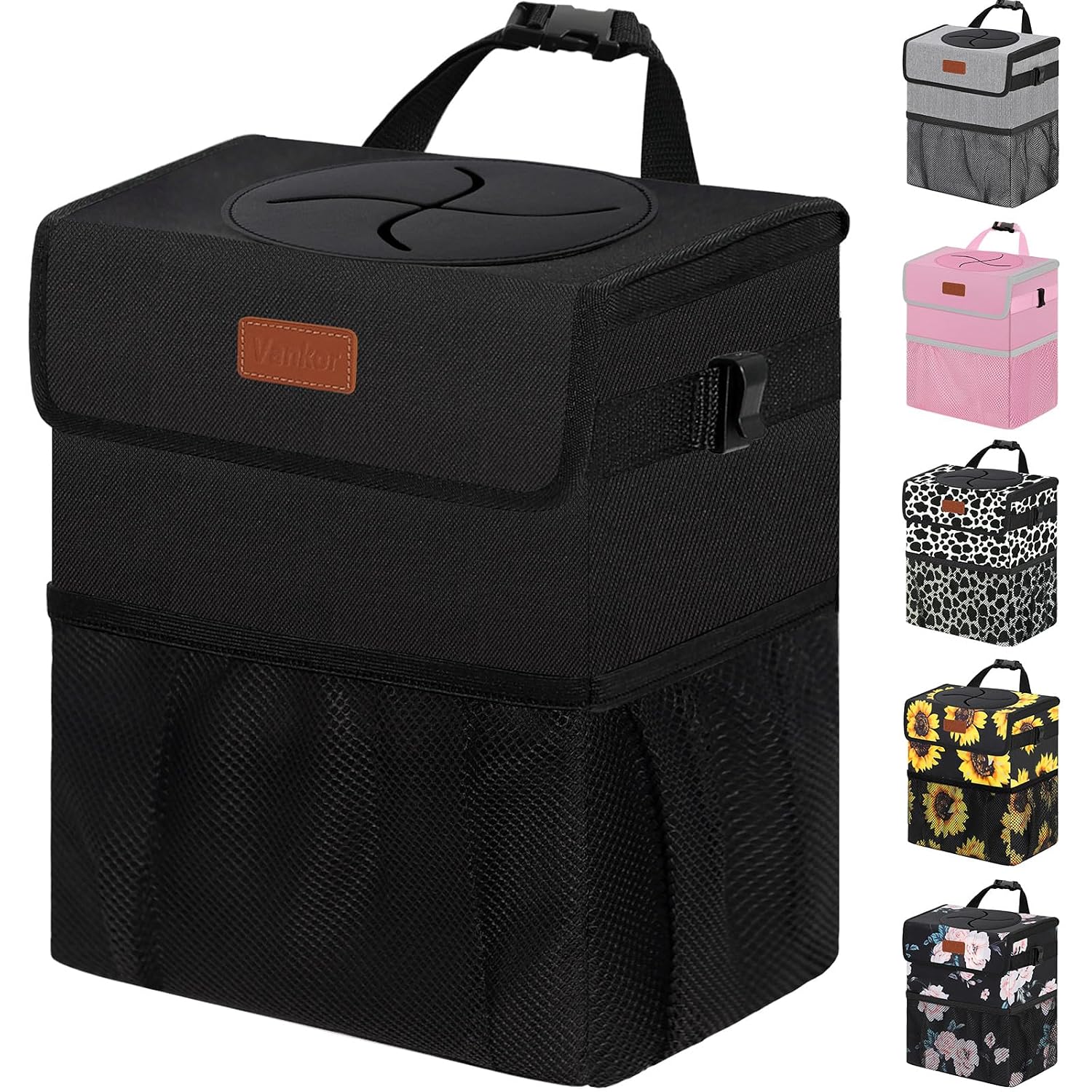 Vankor Leak-Proof Car Trash Can with Lid, 2.2 Gallon, Black